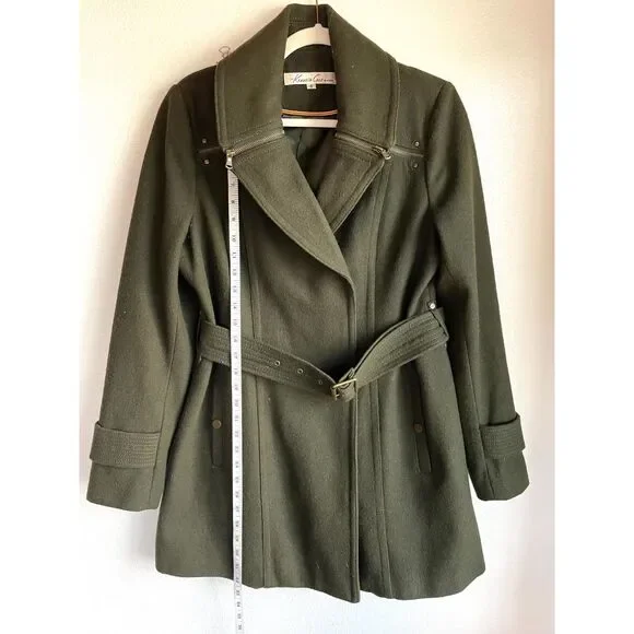 Kenneth Cole Women's Wool Blend Belted Olive Green Coat with Zipper Details Sz 8
